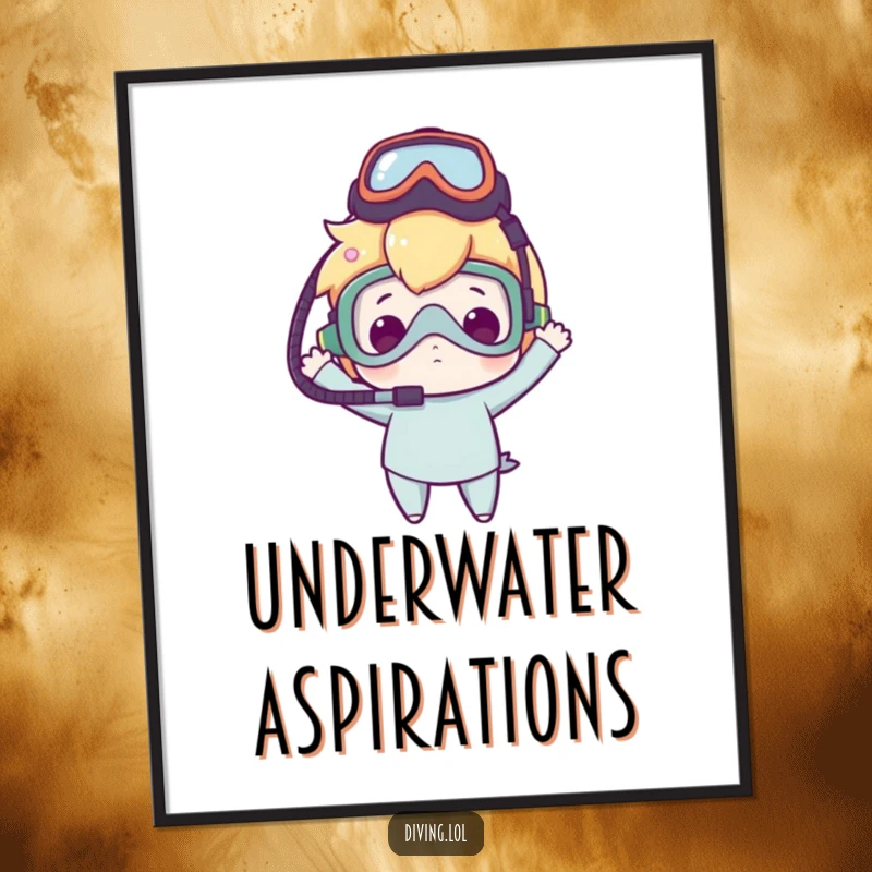 Funny digital art print of a character with a dive mask balanced on their head, embracing clumsy delight in a vibrant scene.
