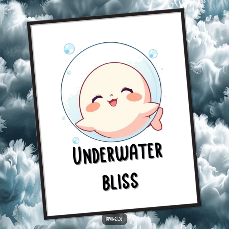 Funny Bubble Blowing Kawaii Digital Art: Character grins blowing giant bubble underwater, instant humorous wall decor.