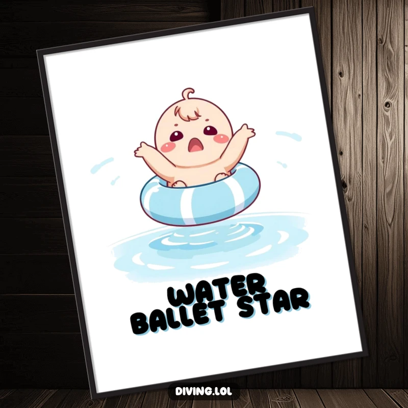 Funny digital art print of a shocked, chubby character bouncing high on a pool float, capturing a moment of hilarious, water-filled excitement.