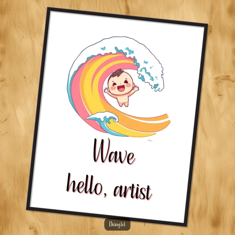 Funny digital art print of a cheerful character diving headfirst into a colorful, stylized wave. High-resolution, energetic, and humorous art.