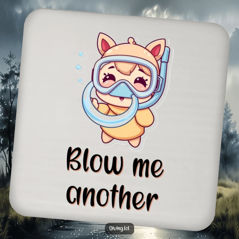 Funny snorkel mask drink coaster featuring a character blowing a perfect bubble ring, adding a humorous and decorative touch to any table.