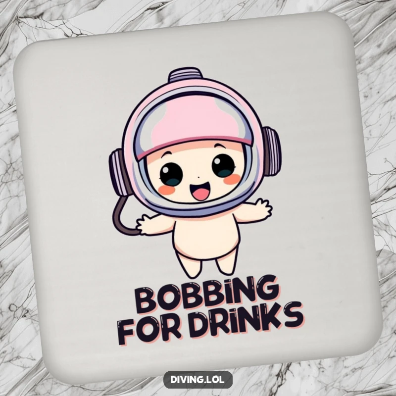 Funny diving helmet drink coaster featuring a character in an oversized helmet, bobbing happily, adding a humorous and decorative touch to any table.