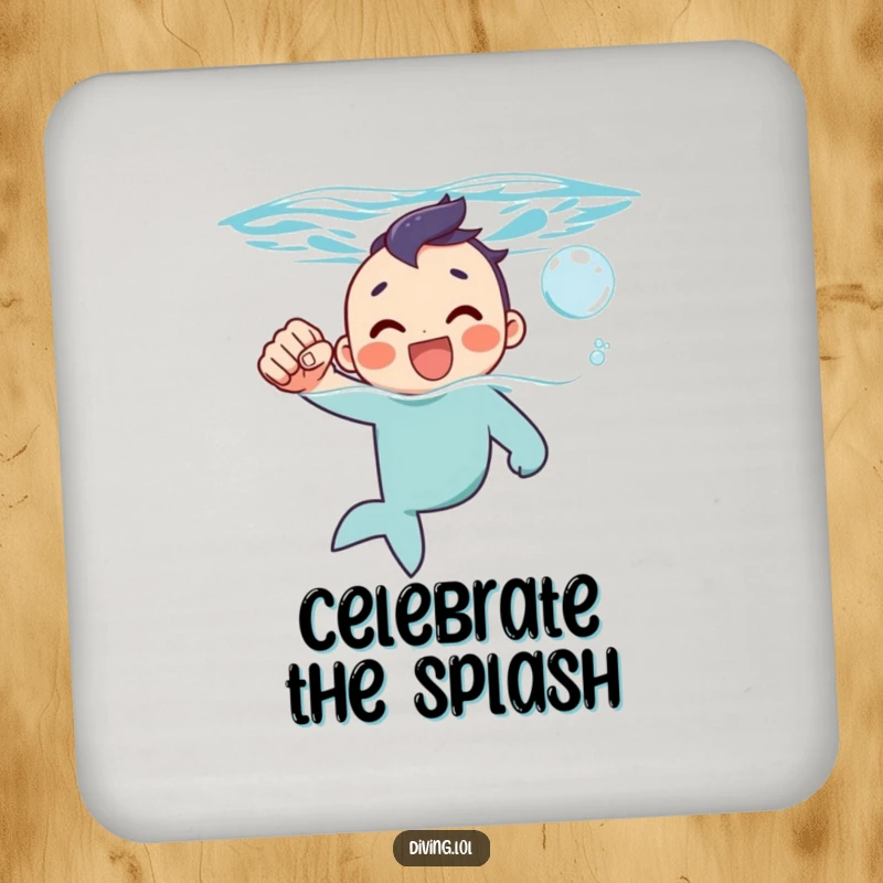 Funny drink coaster showing a character surfacing with a fist pump and a happy bubble, toasting to victory.