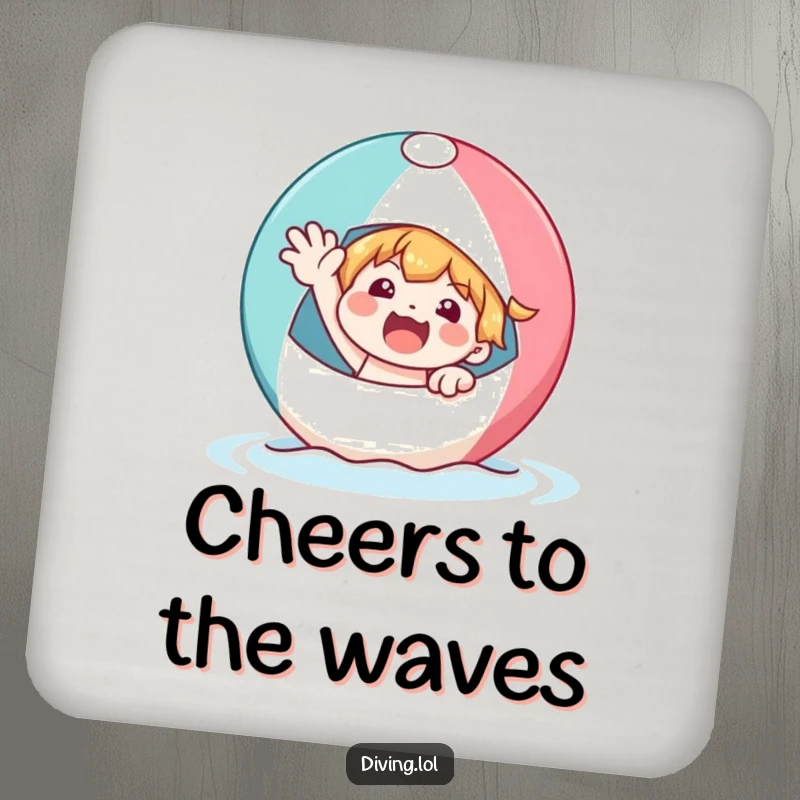 Funny character on a bobbing beach ball, waving enthusiastically, protecting furniture with sunny charm and humorous design.