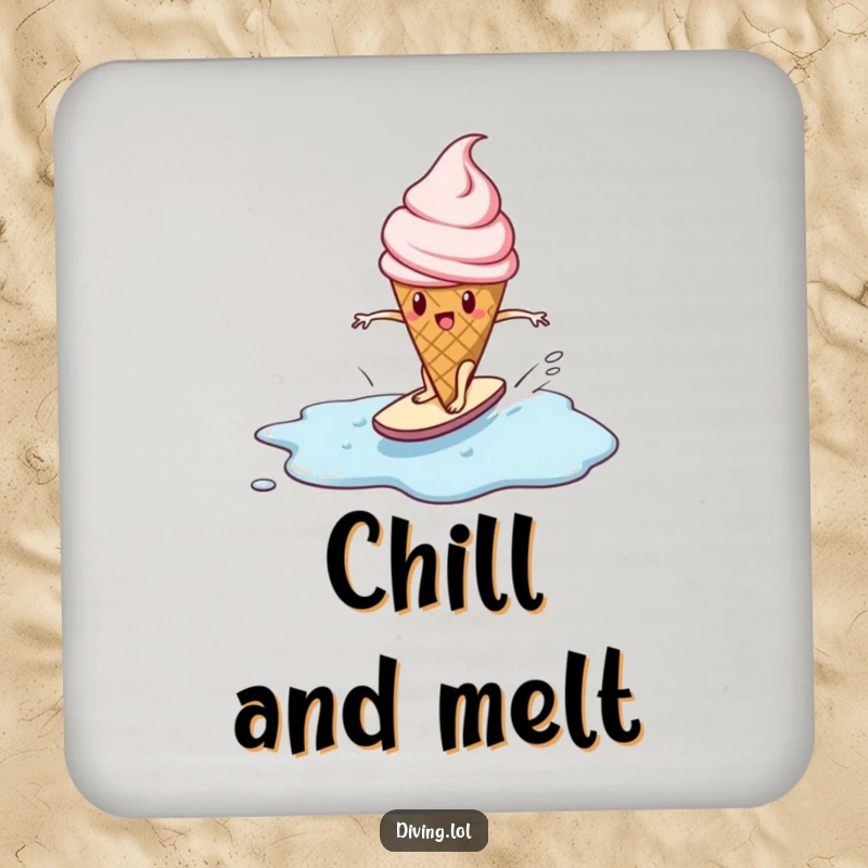 Funny drink coaster featuring a determined ice cream cone character surfing a melting puddle, providing surface protection with humor.