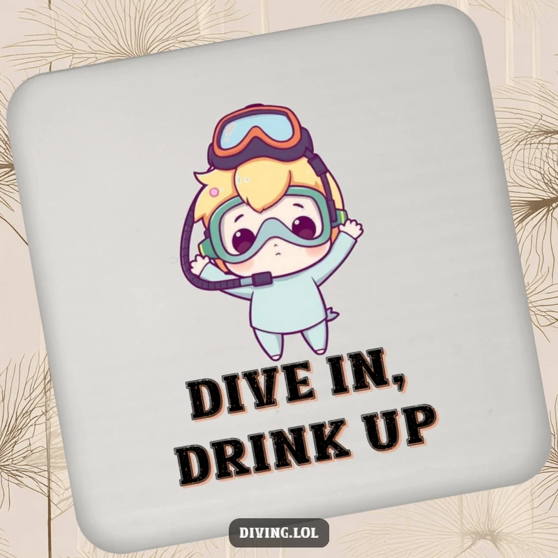 Funny drink coaster with a character balancing a dive mask on their head, showing clumsy delight and protecting tables.