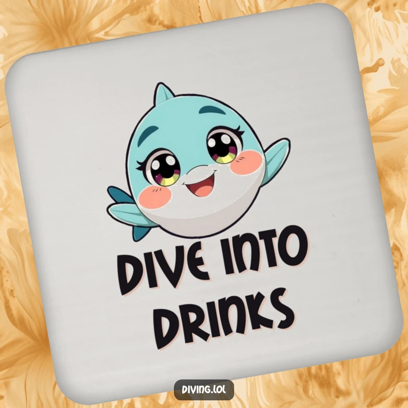 Funny drink coaster featuring a character with wide, excited eyes, swimming rapidly with a playful grin, adding fun.
