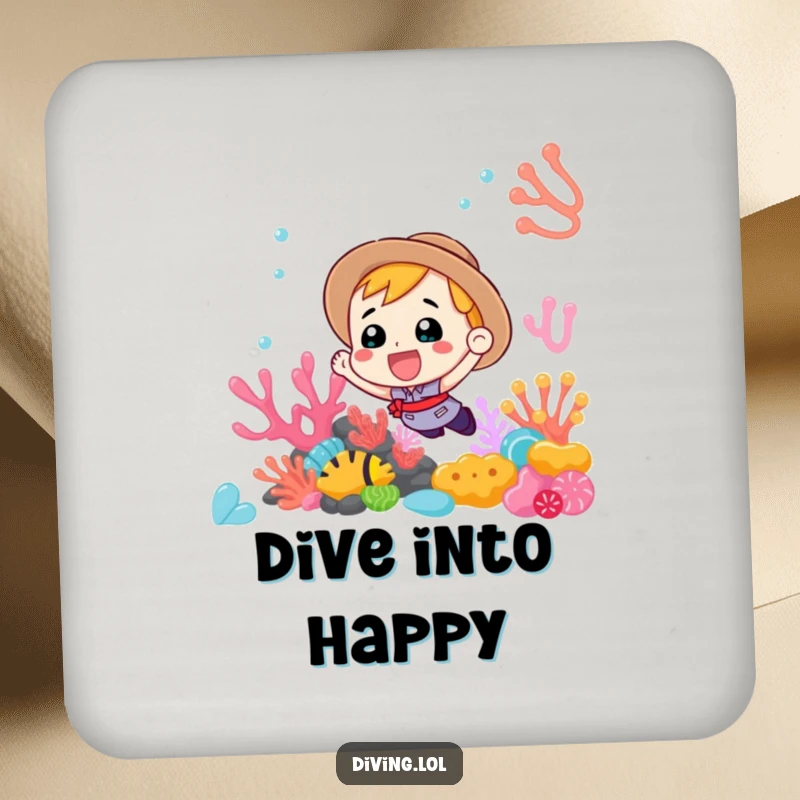 Funny Drink Coaster depicting an enthusiastic diver exploring a colorful coral reef, protecting tables with oceanic flair.