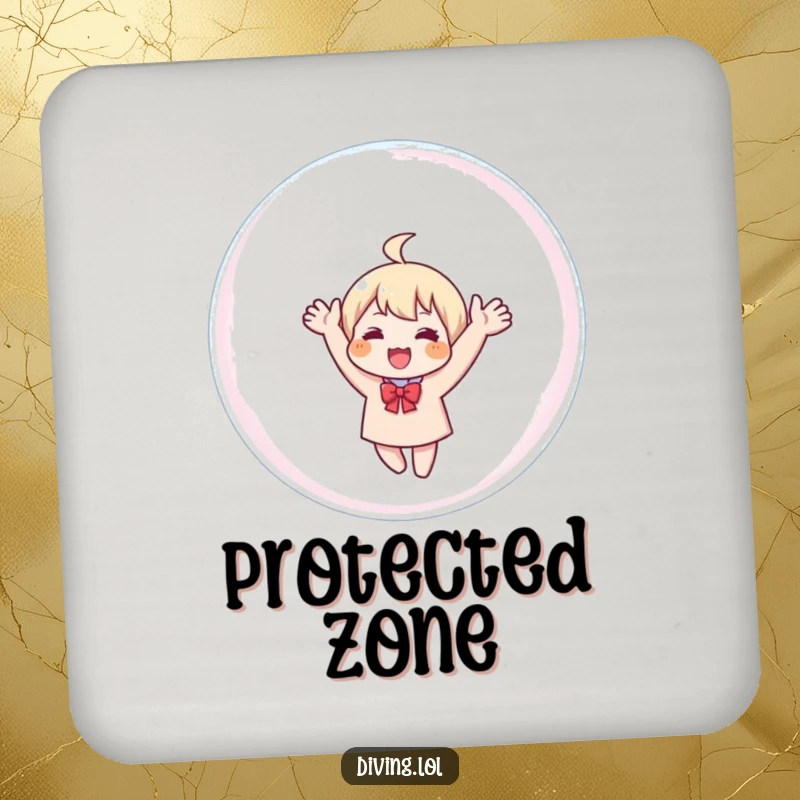 Funny drink coaster with a character waving from inside a bubble, a humorous way to prevent water rings.