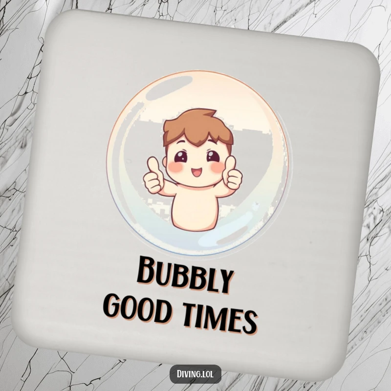 Funny drink coaster showing a character giving two thumbs up from inside a bubble, a humorous and functional accessory.