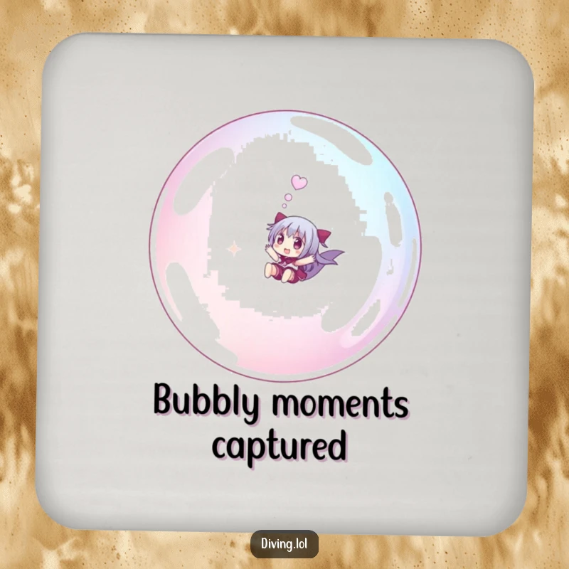 Funny small character coasters, humorously riding a giant bubble underwater, protecting surfaces with whimsical flair.
