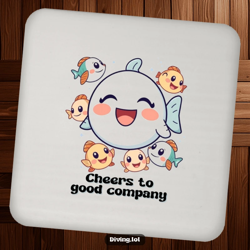 Funny bubbly icon coasters, hilariously laughing surrounded by curious fish, protecting surfaces with ocean flair.
