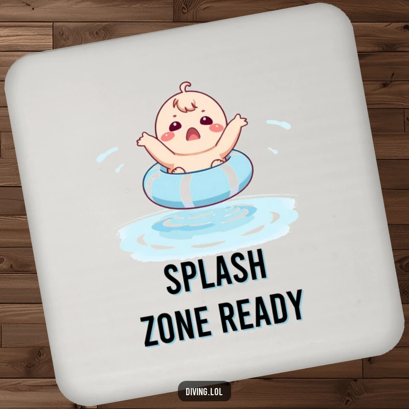Funny drink coaster set showing a surprised chubby character gleefully bouncing on a pool float, adding humor to any drink station.