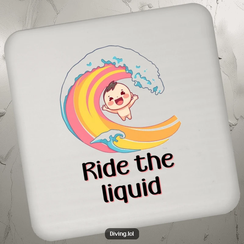 Funny drink coaster depicting a cheerful character diving into a bright wave. A humorous and functional table accessory.