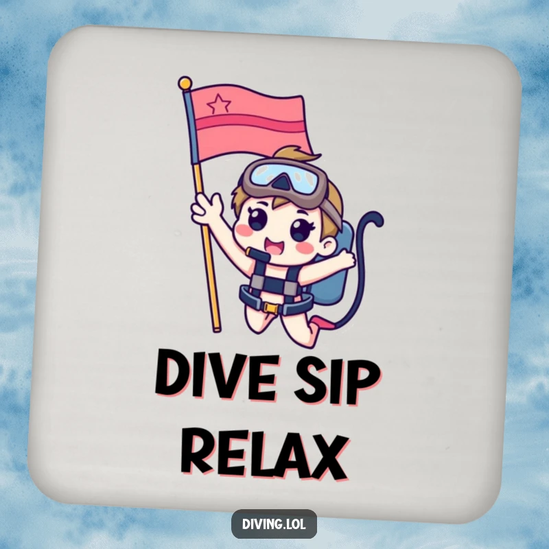 Funny drink coaster featuring a cute character waving from a dive flag, adding underwater charm and protecting surfaces.