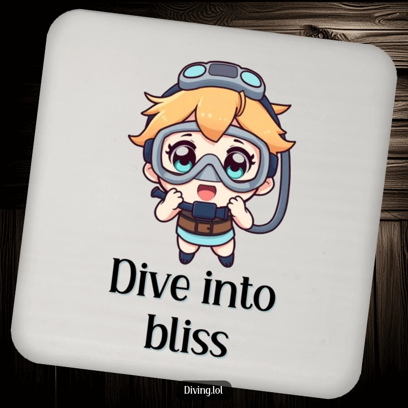 Funny drink coaster displaying a character’s excited wonderment over a dive mask, perfect for protecting surfaces.