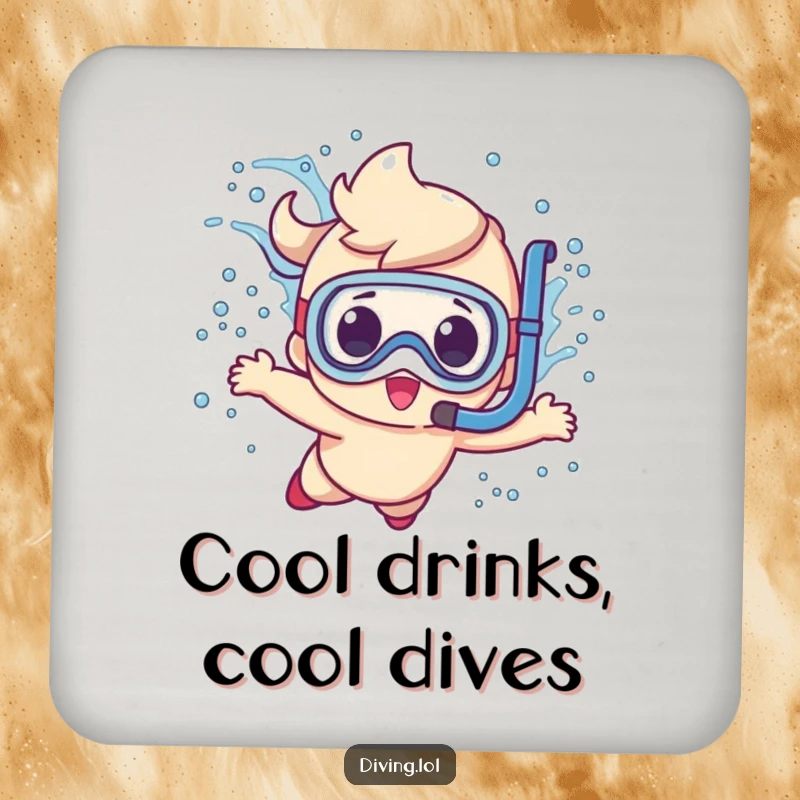 Funny cute character coasters, hilariously making a big splash while diving with a snorkel protecting surfaces.