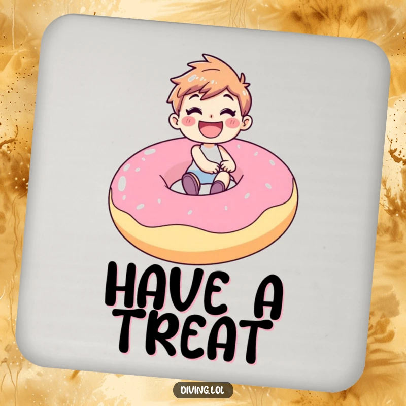 Funny drink coaster set showing a joyful character with a wide grin riding a large inflatable donut, adding sweet humor to any beverage.