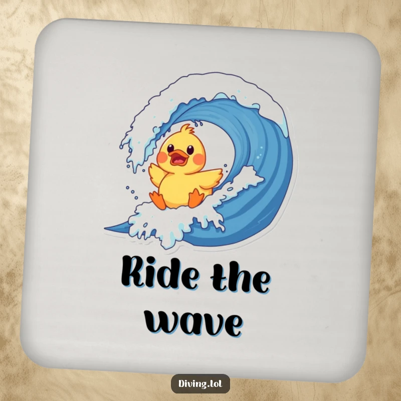 Funny duck wave coaster showing a surprised rubber duck character crashing into a giant wave, a functional and humorous home accessory.
