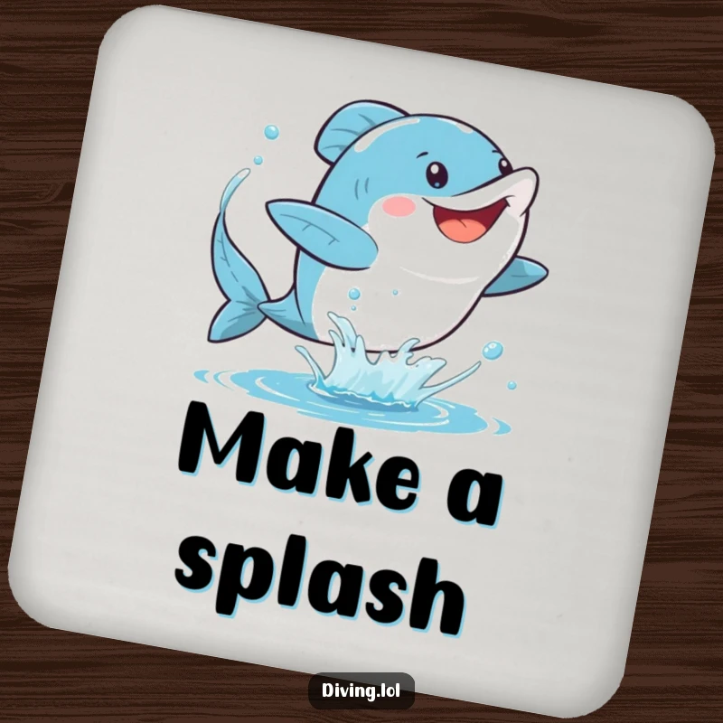 Funny fins drink coaster featuring a character gleefully kicking their fins, sending a spray of water, adding a humorous and decorative touch to any table.