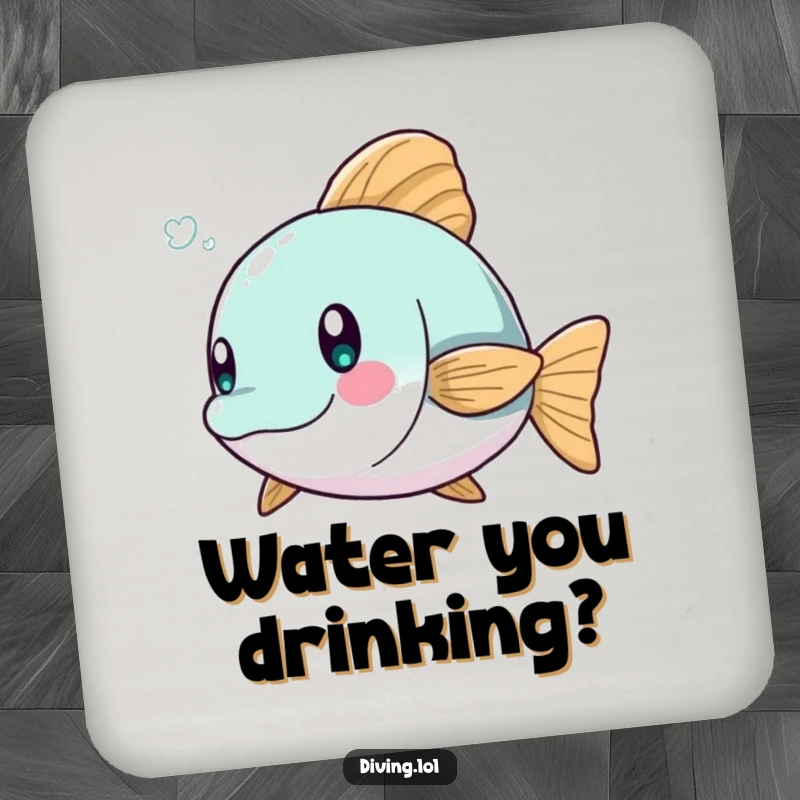 Funny drink coaster featuring a character dodging a playful fish, protecting furniture with a splash of humor.