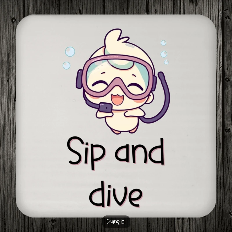 Funny coaster with a kawaii character wearing scuba gear, giggling underwater, adding joy to any surface.