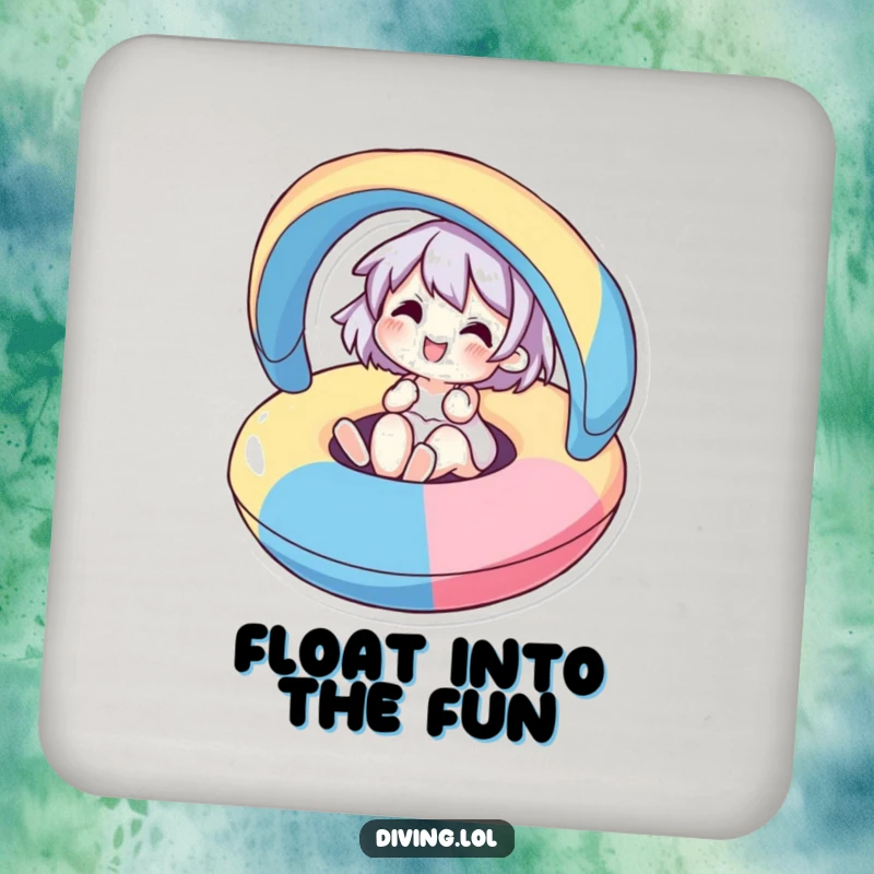 Funny drink coaster showing a cute character joyfully floating on a colorful inflatable, perfect for pool-themed decor.