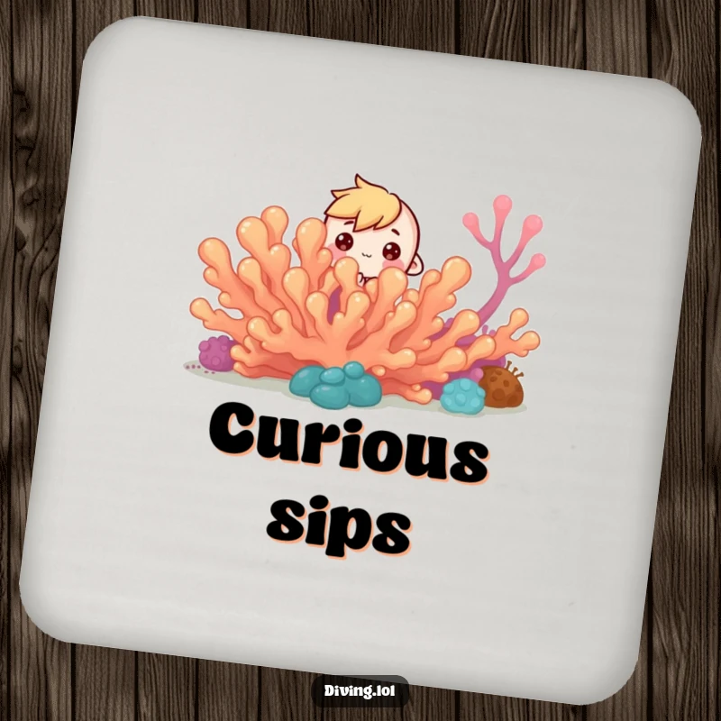 Funny Reef Peek-a-Boo Coaster: Tiny character peeks from coral reef, curious eyes, a cute table accessory.