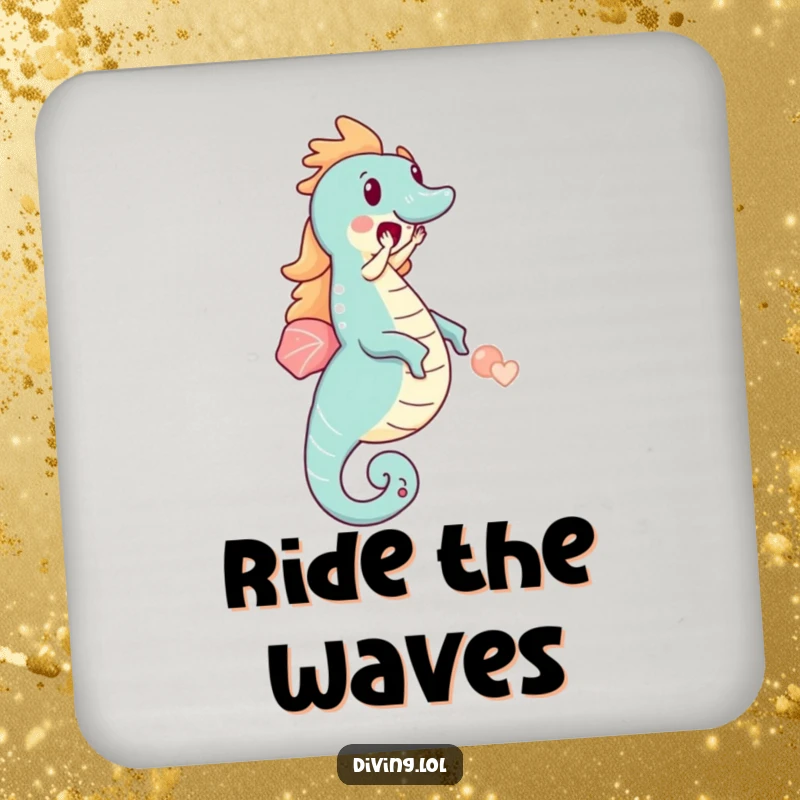 Funny coaster with a small character riding a huge seahorse, adding a touch of joy to drink time.