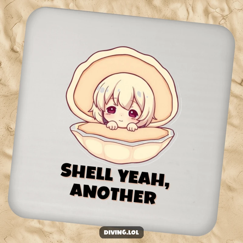 Funny drink coaster with a curious character exploring a seashell, protecting furniture with a touch of seaside charm.