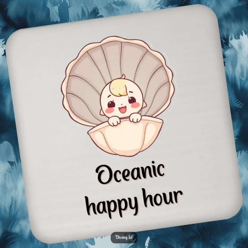 Funny drink coaster featuring a smiling character peeking out of a seashell, adding a touch of coastal humor.