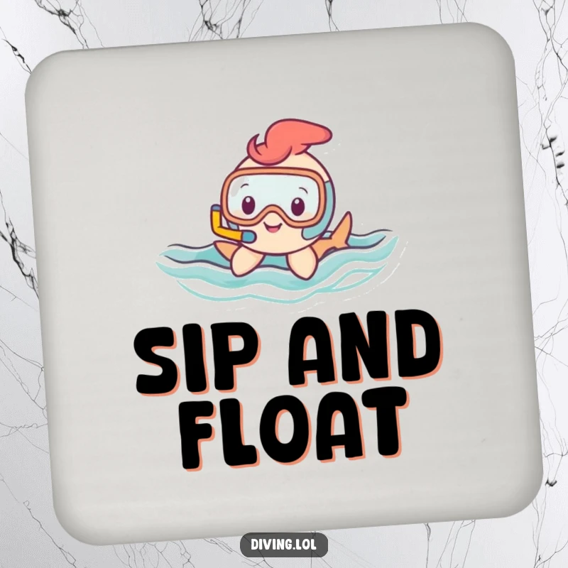 Funny coaster with a small, happy character with a snorkel gracefully gliding through wavy water, providing stylish and humorous drink protection.