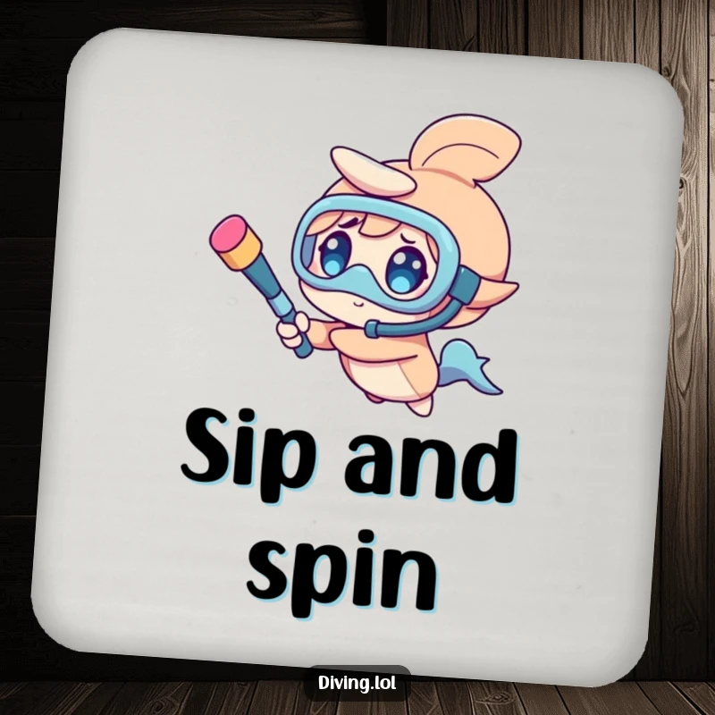 Funny drink coaster showing a character spinning a snorkel like a baton with a look of pure, joyful fun.