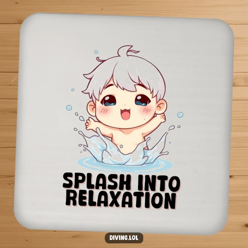 Funny drink coaster featuring a character playfully splashing water, providing surface protection with a humorous and energetic design.