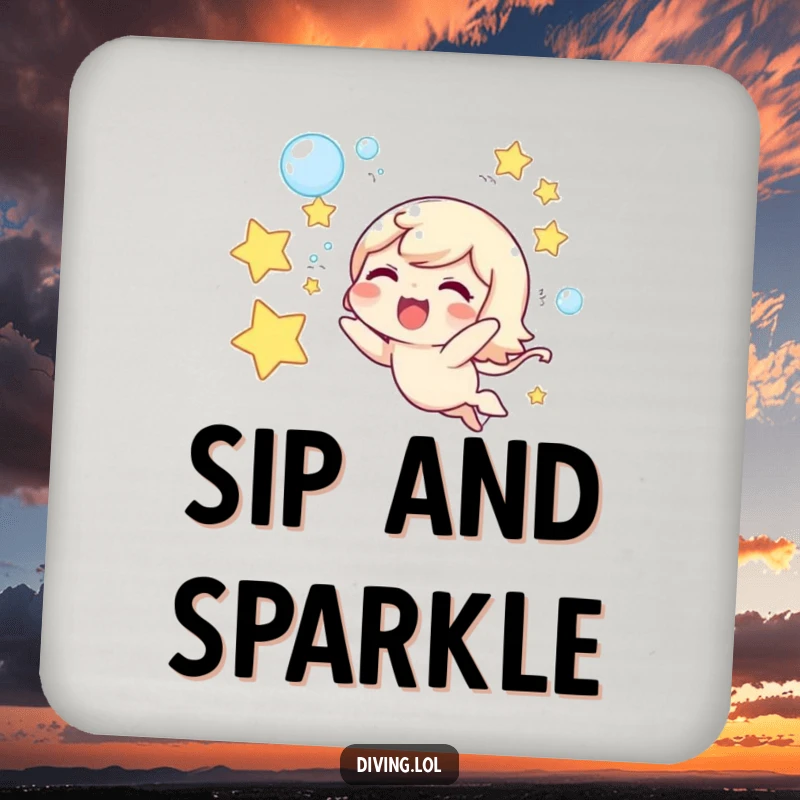 Funny drink coaster featuring a cute character joyfully blowing underwater star-shaped bubbles, adding magical charm.