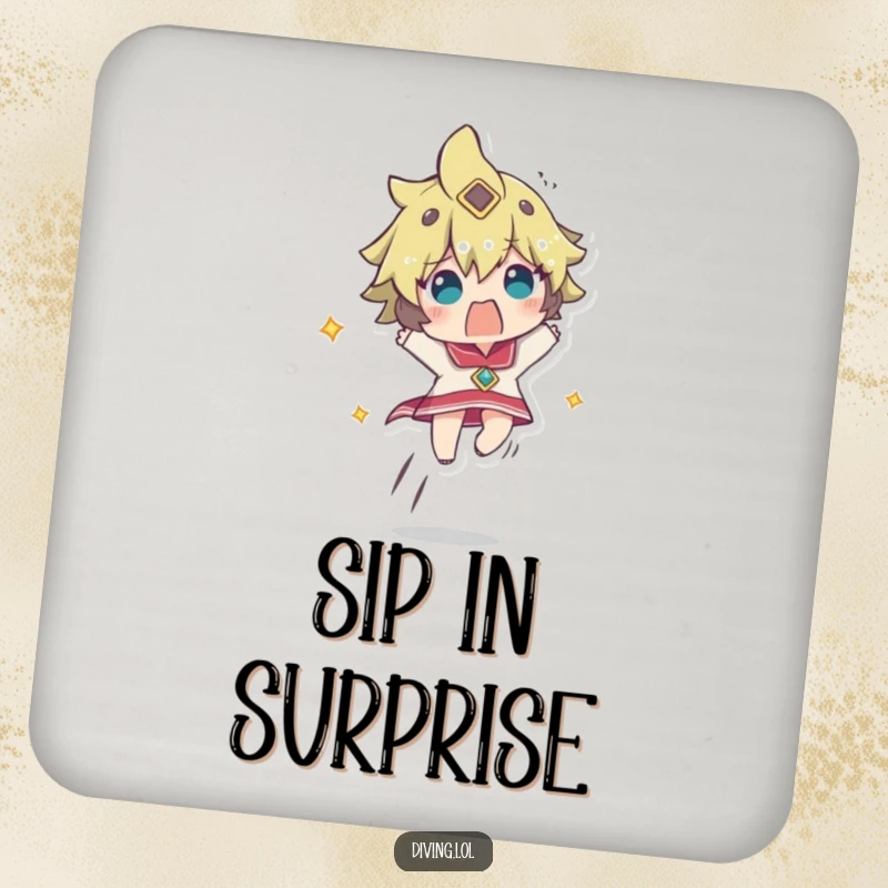 Funny coaster featuring a character ascending rapidly, looking comically startled, a humorous and functional accessory.