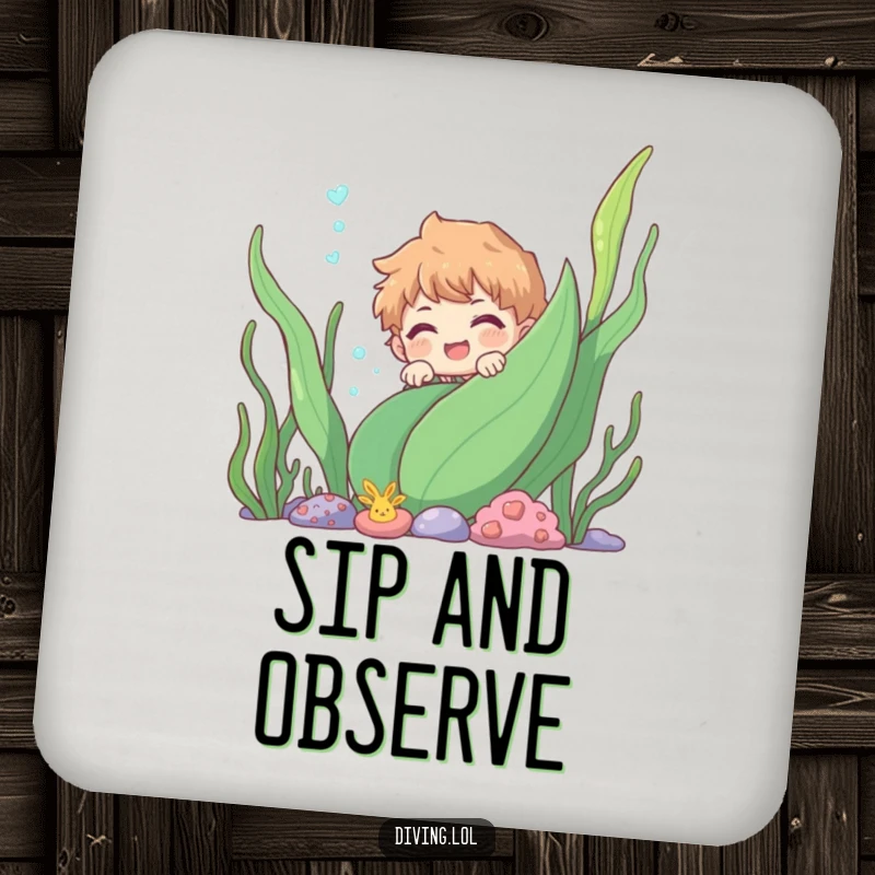 Funny character peeking from behind an underwater plant, protecting furniture with aquatic charm and humorous design.