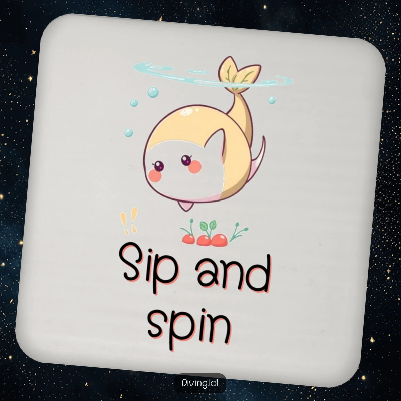 Funny drink coaster featuring a playful food character doing a somersault underwater, providing surface protection with humor.