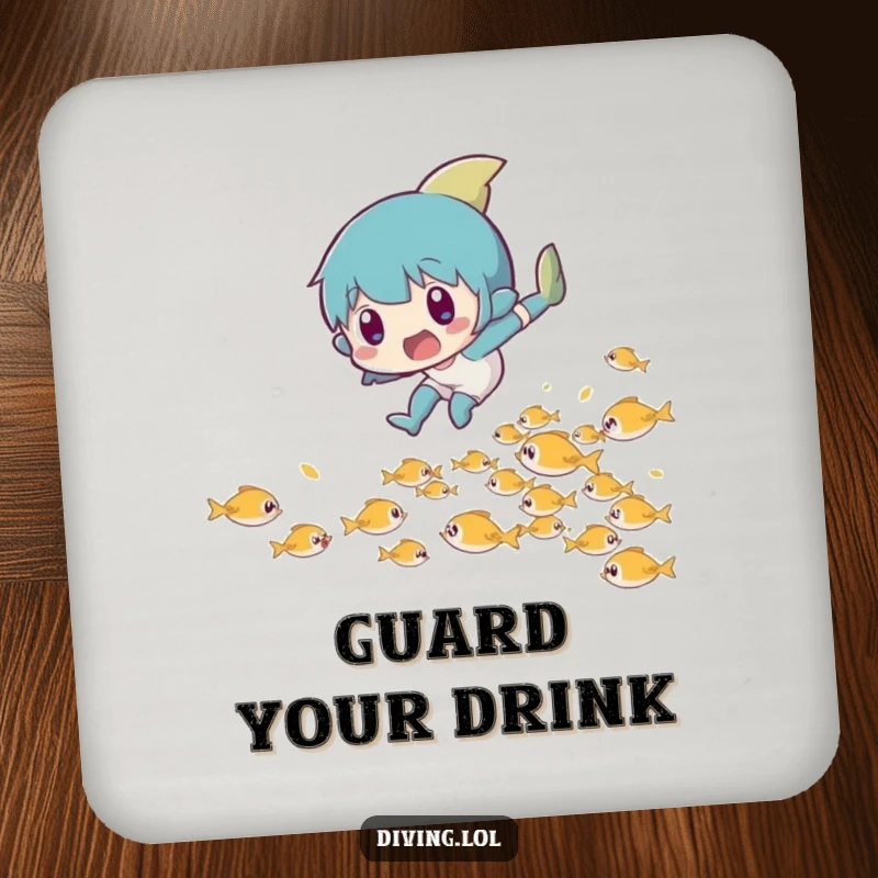Funny drink coaster showing a character in a surprised leap, playfully dodging a school of tiny fish.
