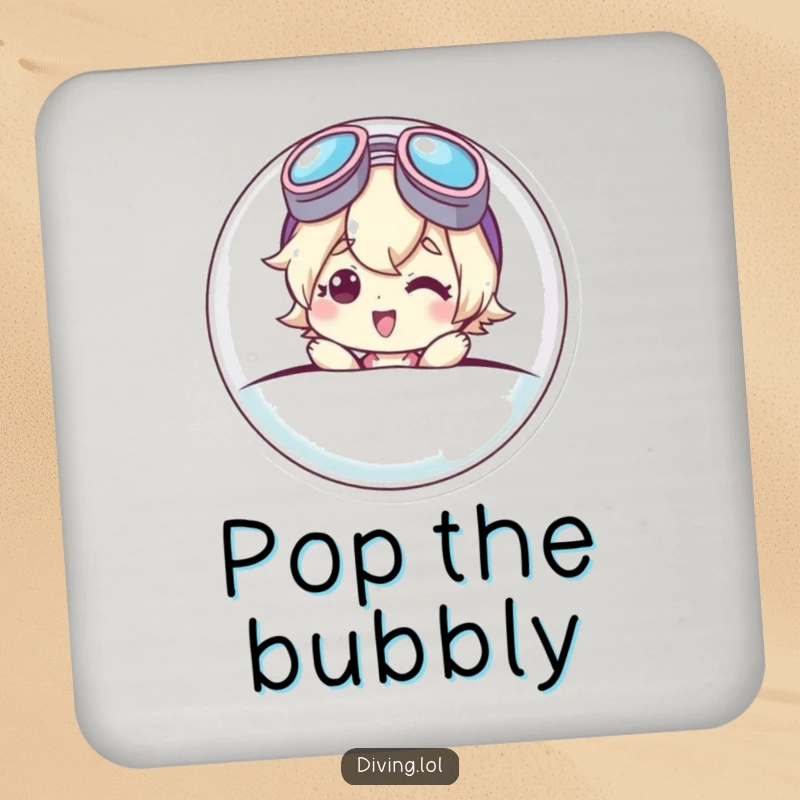 Funny coaster with a cute character emerging from a bubble, goggles askew, smiling, providing stylish and humorous protection for drinks.
