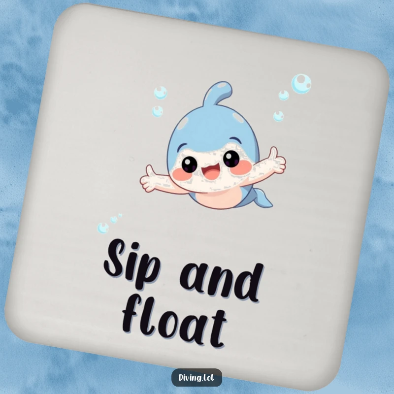 Funny drink coaster showing a cute character swimming underwater, giving a thumbs up and adding a playful touch.