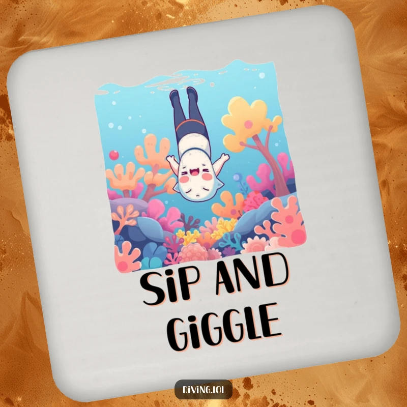 Funny underwater drink coasters, featuring a character giggling upside down amongst colorful coral, perfect for protecting furniture.