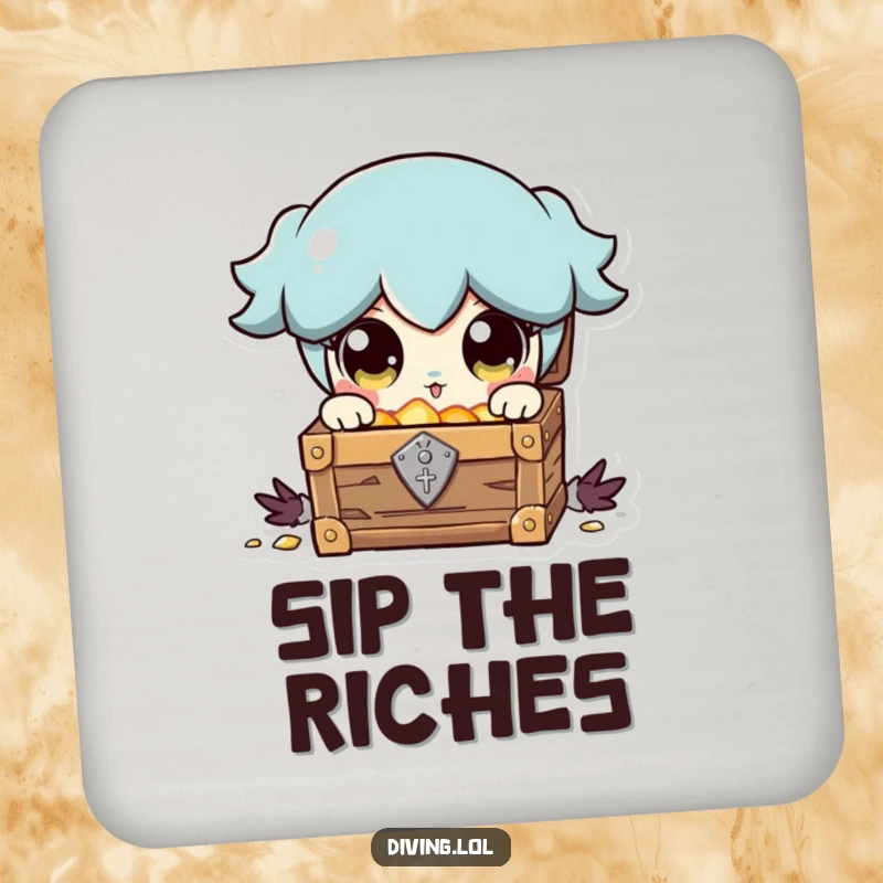 Funny drink coaster with a character's wide, shining eyes discovering treasure, adding a humorous touch to tabletops.