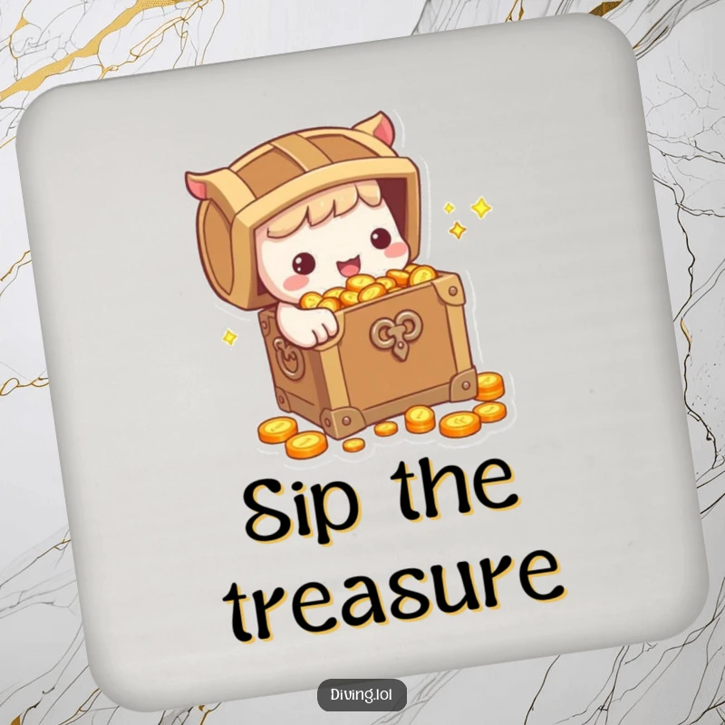 Funny Drink Coasters: Cute character holding a treasure chest overflowing with sparkling coins, offering humorous tabletop protection with a dazzling design.