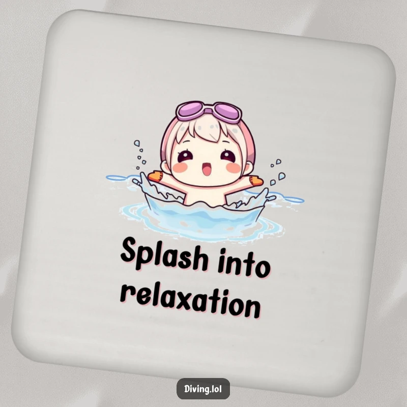 Funny drink coaster showing a character playfully splashing water while wearing flippers, perfect for beach-themed decor.