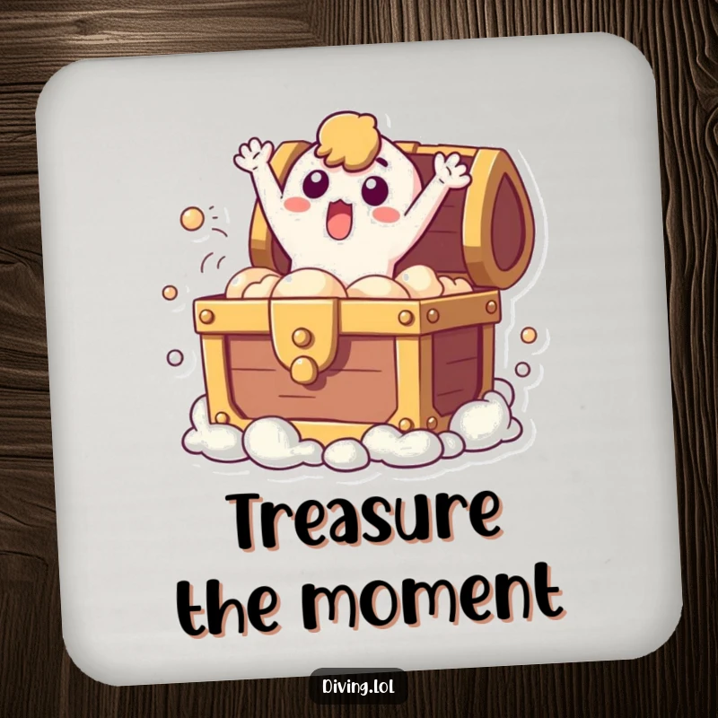 Funny drink coaster featuring a surprised character bursting from a treasure chest, adding a touch of surprise and protecting surfaces.