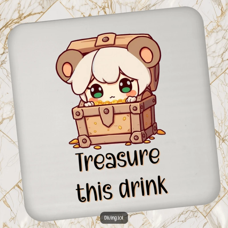 Funny drink coaster featuring a character discovering a treasure chest, eyes sparkling with surprise, a humorous surface protector.