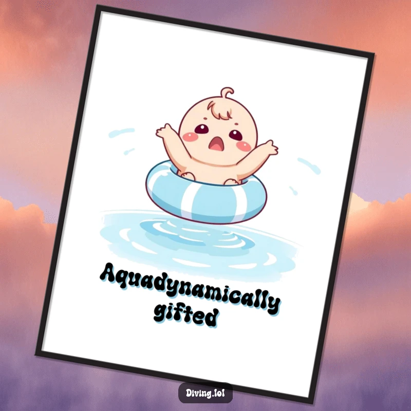 Funny poster art of a chubby character with a shocked expression bouncing high on a pool float, capturing a moment of hilarious, watery excitement.