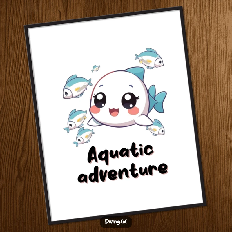 Funny Tiny Fish Chaser Poster showing a tiny character with wide, delighted eyes, enthusiastically pursuing a school of fish.