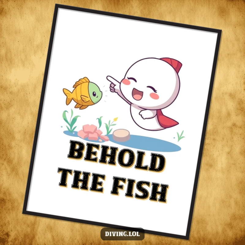 Funny fish pointer poster depicting an excited character gleefully pointing at a small, swimming fish, capturing a moment of charming discovery.